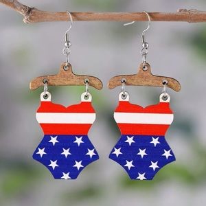 USA Flag Pattern Wooden Bathing Suit Earrings